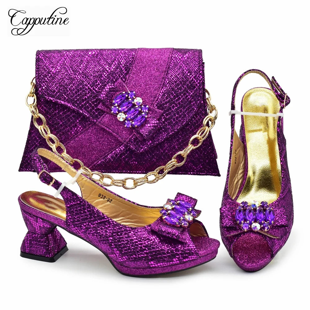 Magenta Women’s Shoes & Bag Set – Luxury African High Heel Sandals with Matching Clutch