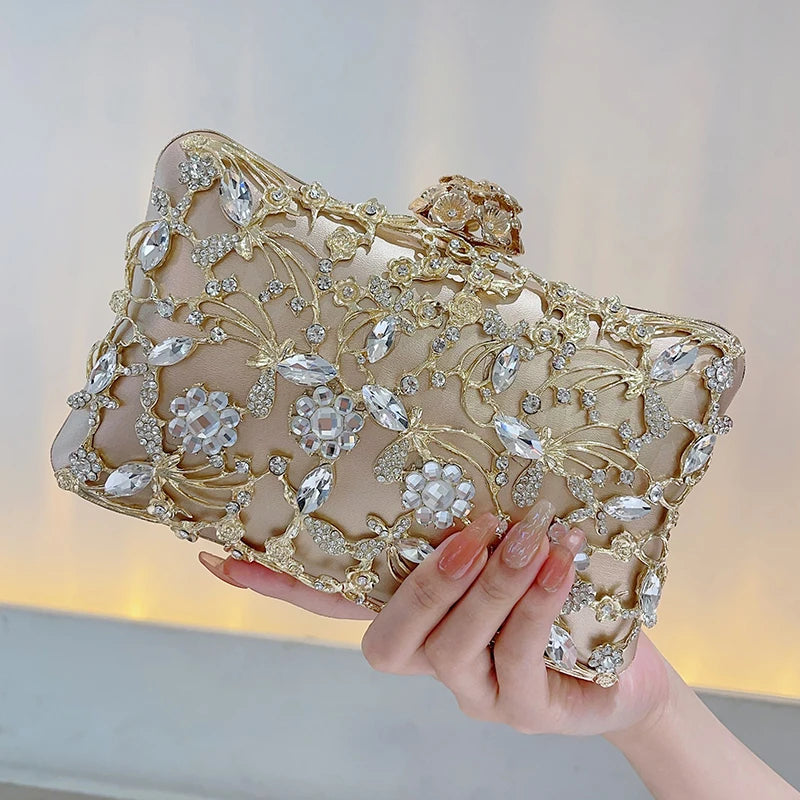 Hollow Rhinestone Evening Bag Elegant Box Clutch Purse Women's Handbags For Party Prom Wedding - Blingy Bag LLC