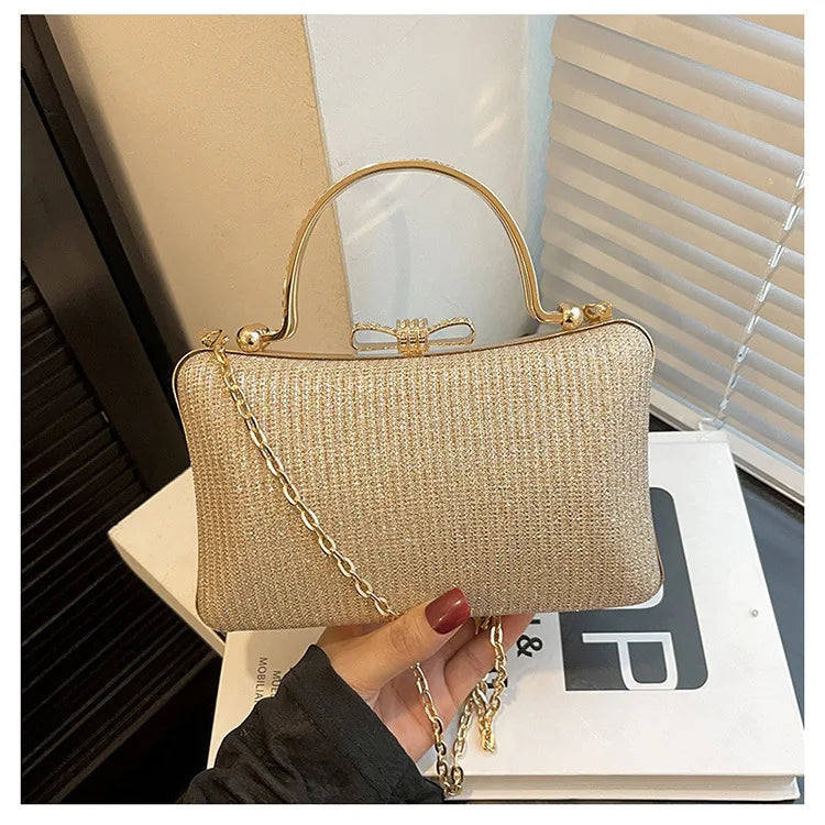 Chic Glitter Sequins Diamond Clutch Handbag Women Metal Top Handle PU Leather Square Rhinestone Messenger Purse Chain Bag Box - Blingy Bag LLC