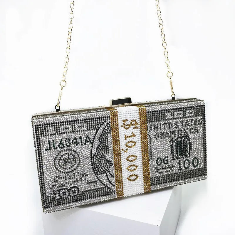 Creative Fashion New Money Clutch Rhinestone Purse 10000 Dollars Stack Bags of Cash Evening Handbags Shoulder Wedding Dinner Bag - Blingy Bag LLC