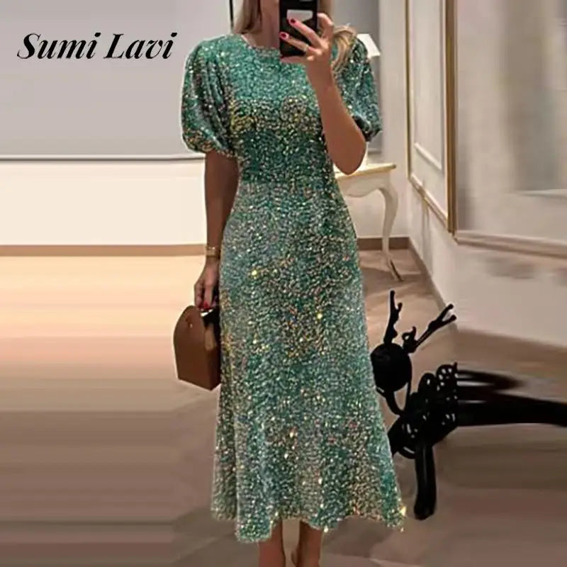 Fashion O-neck Shiny Sequin Banquet Dress Women