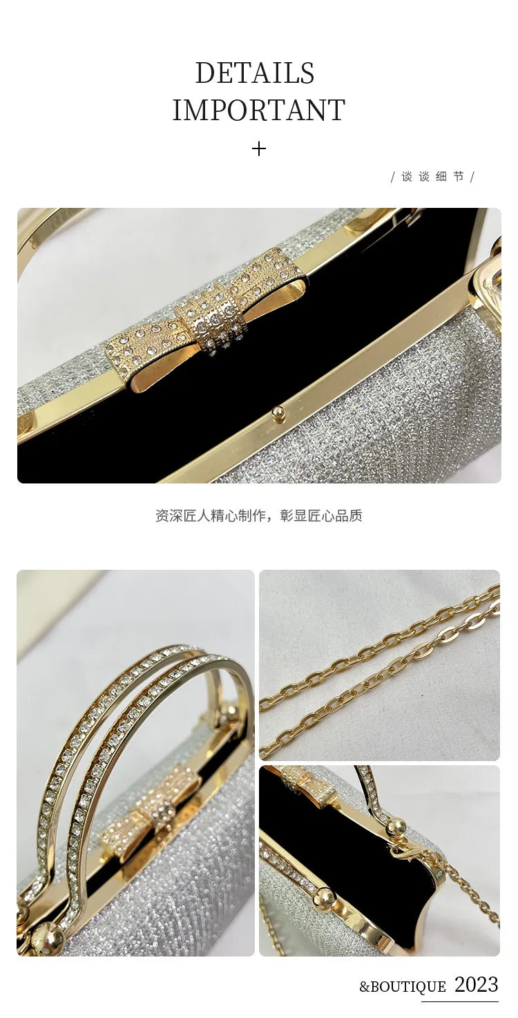 Chic Glitter Sequins Diamond Clutch Handbag Women Metal Top Handle PU Leather Square Rhinestone Messenger Purse Chain Bag Box - Blingy Bag LLC