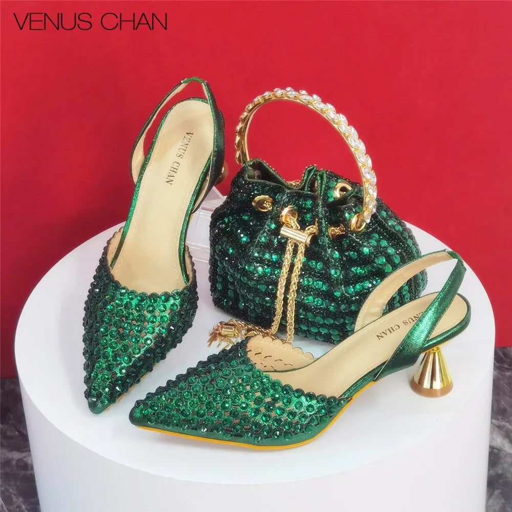 Women’s Diamond Heels & Matching Bag – Luxury Green Wedding & Party Shoes 2024