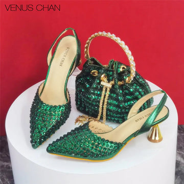 Women’s Diamond Heels & Matching Bag – Luxury Green Wedding & Party Shoes 2024