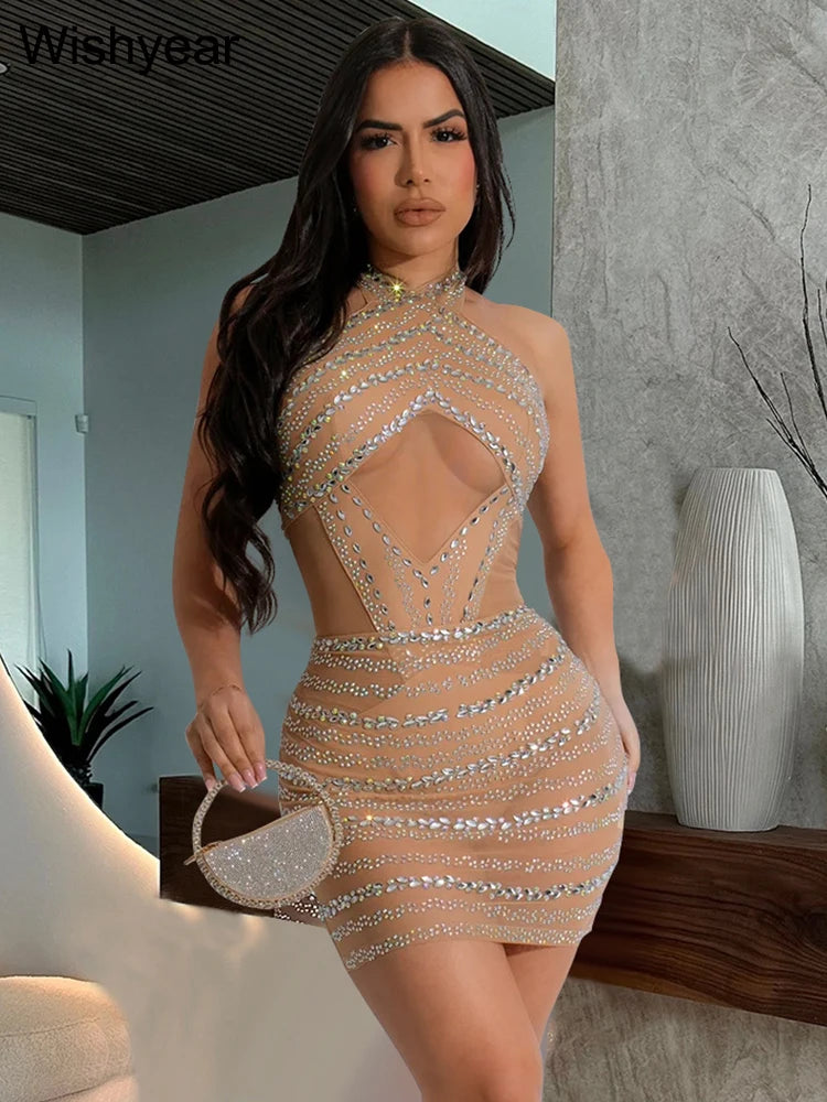 Rhinestones Crystal Apricot Mesh Halter Sleeveless Mini Dress