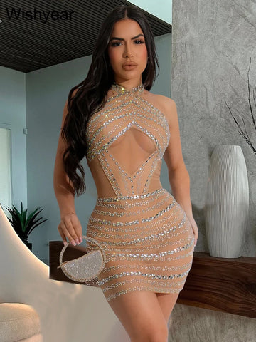 Rhinestones Crystal Apricot Mesh Halter Sleeveless Mini Dress