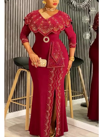 Plus Size African Dashiki Dress – Diamond Bodycon Slit Long Gown for Women, Elegant Wedding & Evening Wear