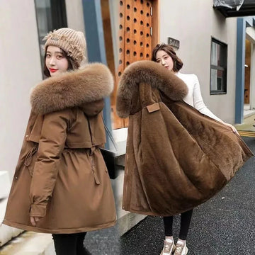 2025 Women’s Winter Coat – Thick Cotton Parka with Fur Collar, Mid-Long Warm Overcoat Korean Style
