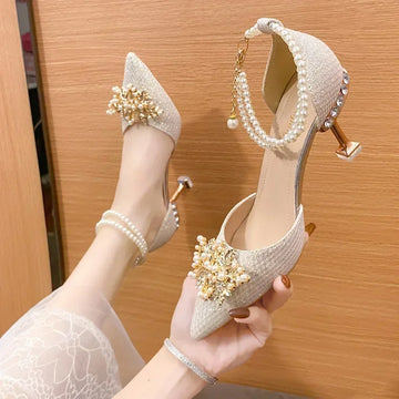 2024 Women’s Pointed High Heels – Fashion Metal Beaded Pumps for Summer, Wedding & Banquet