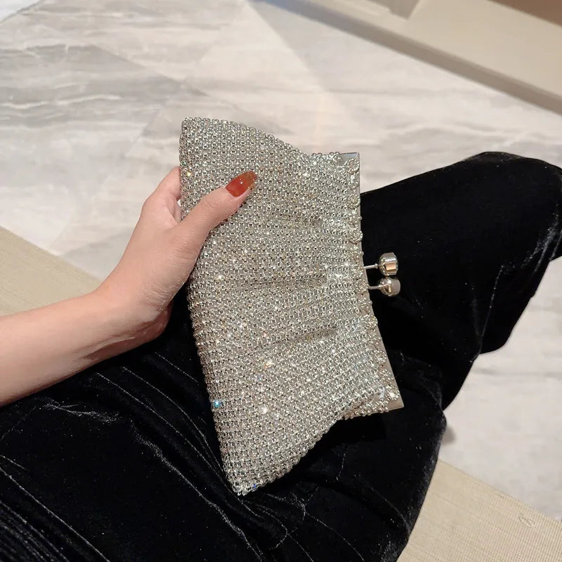 Bling Rhinestone Evening Bag Luxury Dress Clutch Wedding Bride Hand Bag Shiny Designer Party Pleated Dinner Long Purse XA764H - Blingy Bag LLC