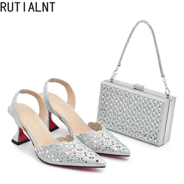 Women’s Silver Heels & Bag Set – Luxury Italian Pumps for Wedding & Party