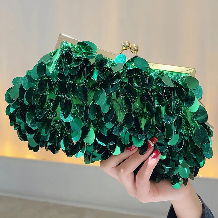 Green Dinner Party Day Clutch Purse Hand-woven Chains Shoulder Bag