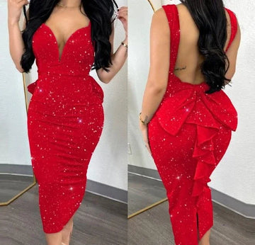 Women’s Streetwear Elegant Solid Color Bodycon Dress – Open Back, Deep V, High Waist Split