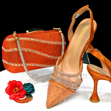 Women's Orange Embellished Heels & Matching Shoulder Bag Set