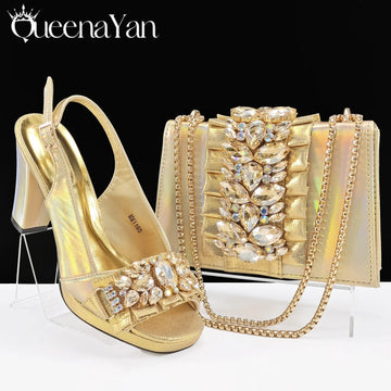 Women’s Gold Heels & Bag Set – Elegant Rhinestone High Heel Shoes for Party & Wedding