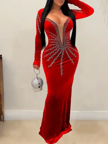 2025 Women’s Elegant Velvet Party Dress – Sexy Deep V Long Evening Gown with Diamonds, Black Slim Formal Dress