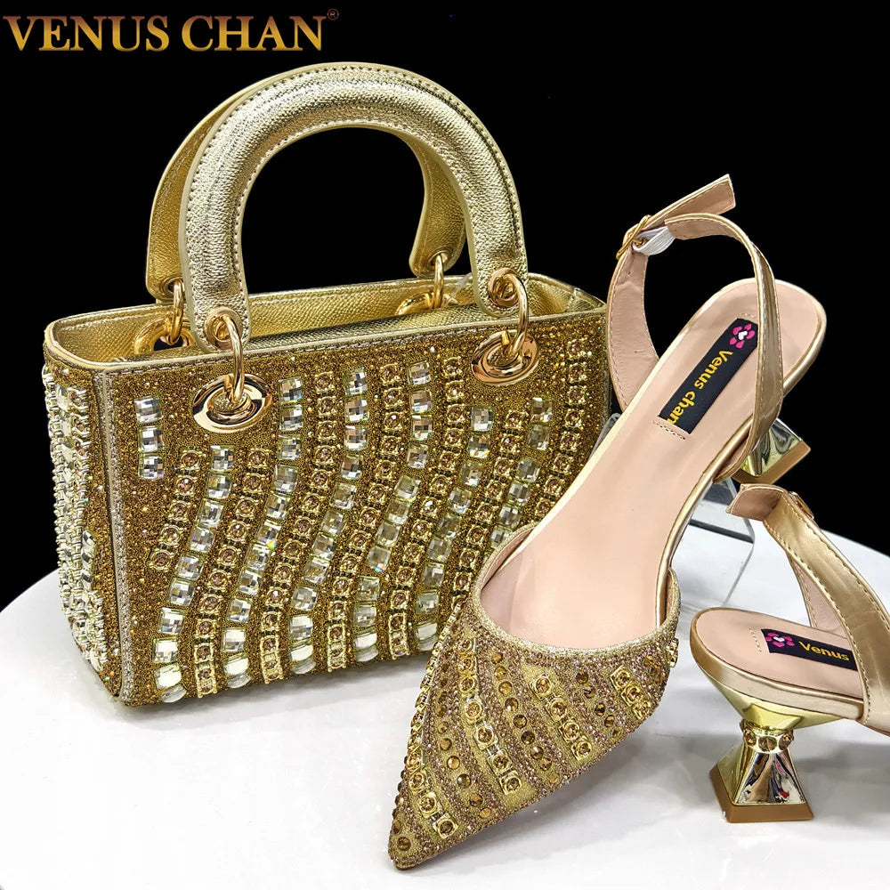 Women’s Italian Gold Heels & Bag Set 2025 – Luxurious Rhinestone Pointed High Heels for Party