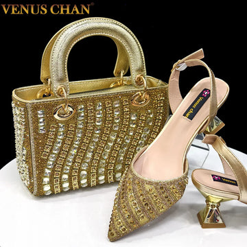 Women’s Italian Gold Heels & Bag Set 2025 – Luxurious Rhinestone Pointed High Heels for Party