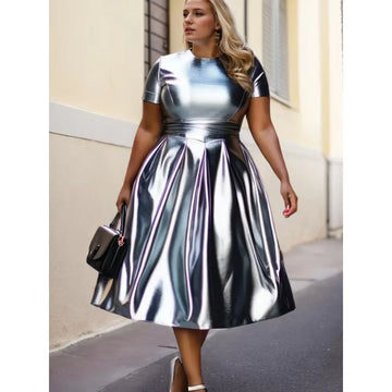 Plus Size Sequin Midi Dress 2025 – Women’s Short Sleeve A-Line Evening & Party Outfit