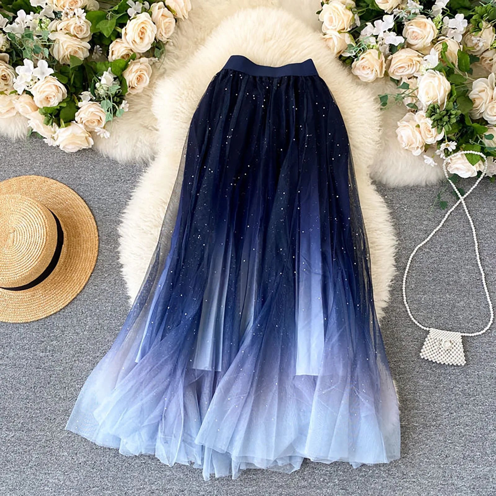 Women'S Fairy Tulle Skirt Starry Sky Gradient  Skirt High Waist