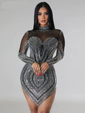 Patchwork Crystal Mesh Mini Dress - Blingy Bag LLC