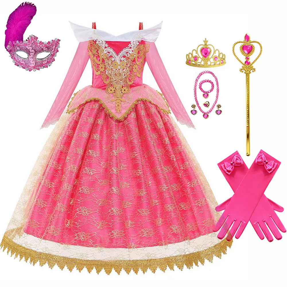 Halloween Aurora Dress – Girls Sleeping Beauty Princess Costume with Lace, Autumn & Winter