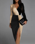 Patchwork Slit Midi Evening Dress - Blingy Bag LLC