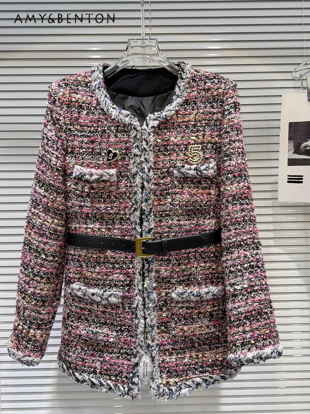 Women’s Winter Tweed Down Jacket – French Style Belted Patchwork Mid-Length Slim Coat