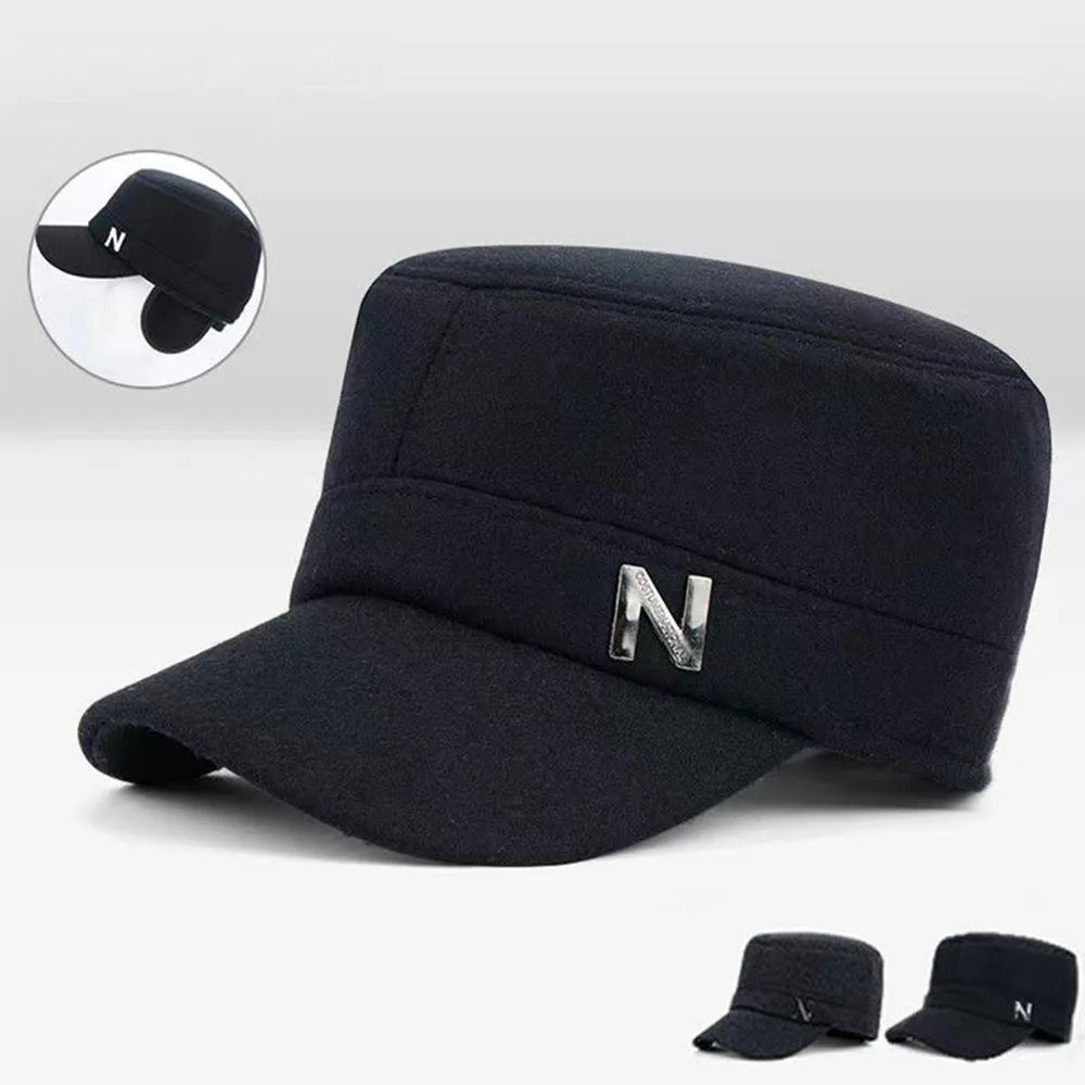 Men’s Warm Wool Flat Cap – Winter Fleece Hat with Ear Protection