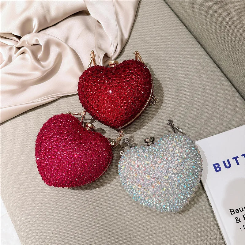 2024 Luxury Diamond Inlay Heart Shape Crystal Clutch Purse Stones Evening Wedding Party Shoulder Bag Rhinestone Clutches Bags - Blingy Bag LLC