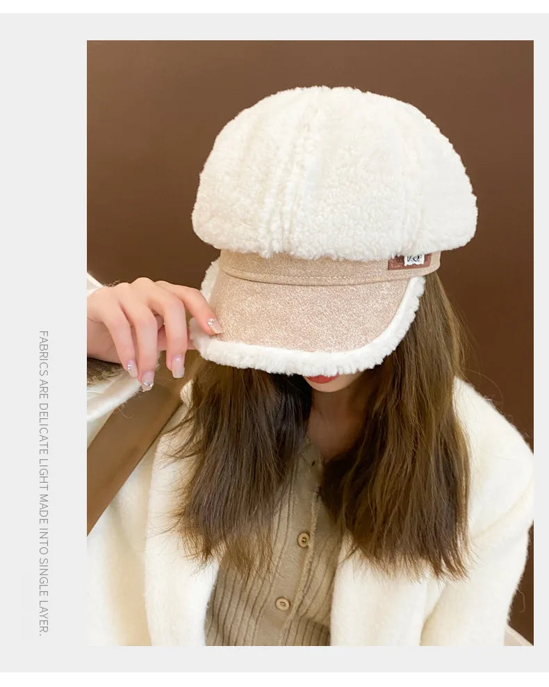 Women’s Winter Octagon Beret – Faux Shearling Thermal Hat, Korean Fashion Adjustable Outdoor Headwear