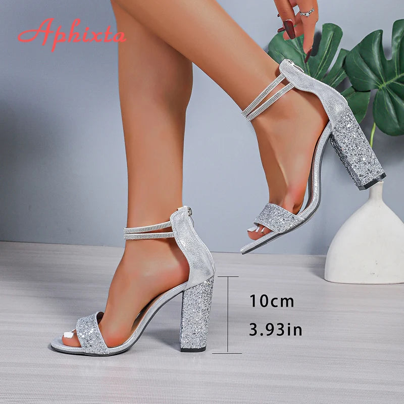 Women’s Crystal Peep Toe Sandals – Luxury 10cm Square Heel Silver High Heels Party Shoes