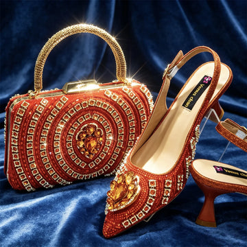 Gold Rhinestone Pointed Toe Heels & Matching Bag Set