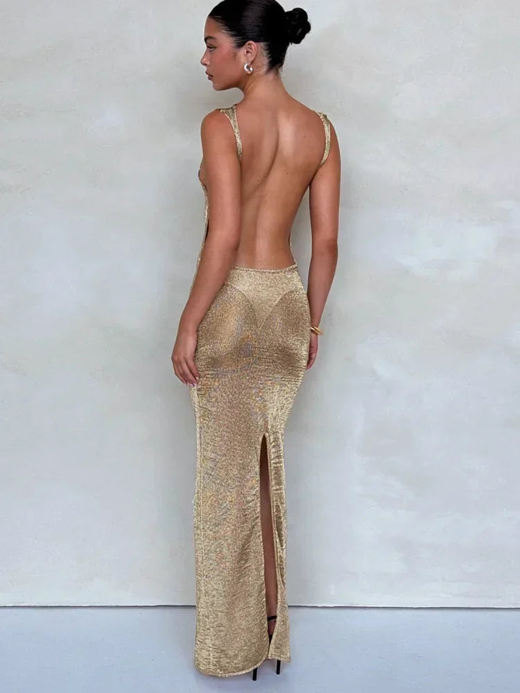 Elegant Shiny Backless Maxi Dress - Blingy Bag LLC