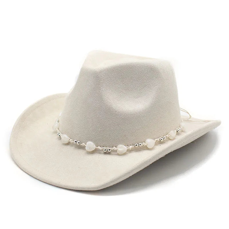 Women’s Faux Suede Cowboy Hat – Elegant Western Style with Curved Brim & White Heart Band