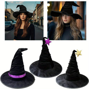 Halloween Crumpled Witch Hat – Black Velvet Costume & Party Accessory
