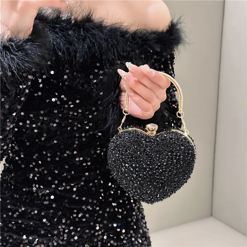 2024 Luxury Diamond Inlay Heart Shape Crystal Clutch Purse Stones Evening Wedding Party Shoulder Bag Rhinestone Clutches Bags - Blingy Bag LLC