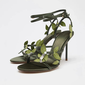 Green Leaf Gladiator Heels – Elegant Open Toe Party Sandals