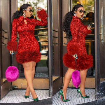 Plus Size Printed Slim Fit Dress – Elegant Long Sleeve