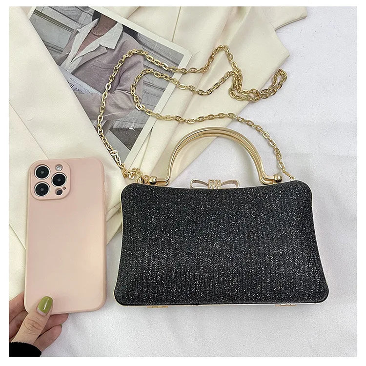 Chic Glitter Sequins Diamond Clutch Handbag Women Metal Top Handle PU Leather Square Rhinestone Messenger Purse Chain Bag Box - Blingy Bag LLC