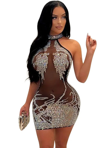 Sexy Mesh Rhinestone Mini Dress – Diamond Bodycon Party Wear