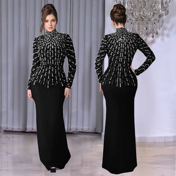 Elegant Diamond Pearl Maxi Dress – Long Sleeve Evening Bodycon