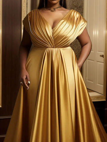 Plus Size Gold Satin Evening Dress – Elegant V-Neck Sleeveless High Waist A-Line Maxi Gown for Party & Wedding