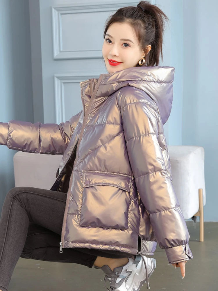 2025 Women’s Winter Glossy Down Jacket – Hooded Cotton Padded Parka, Warm Casual Outerwear
