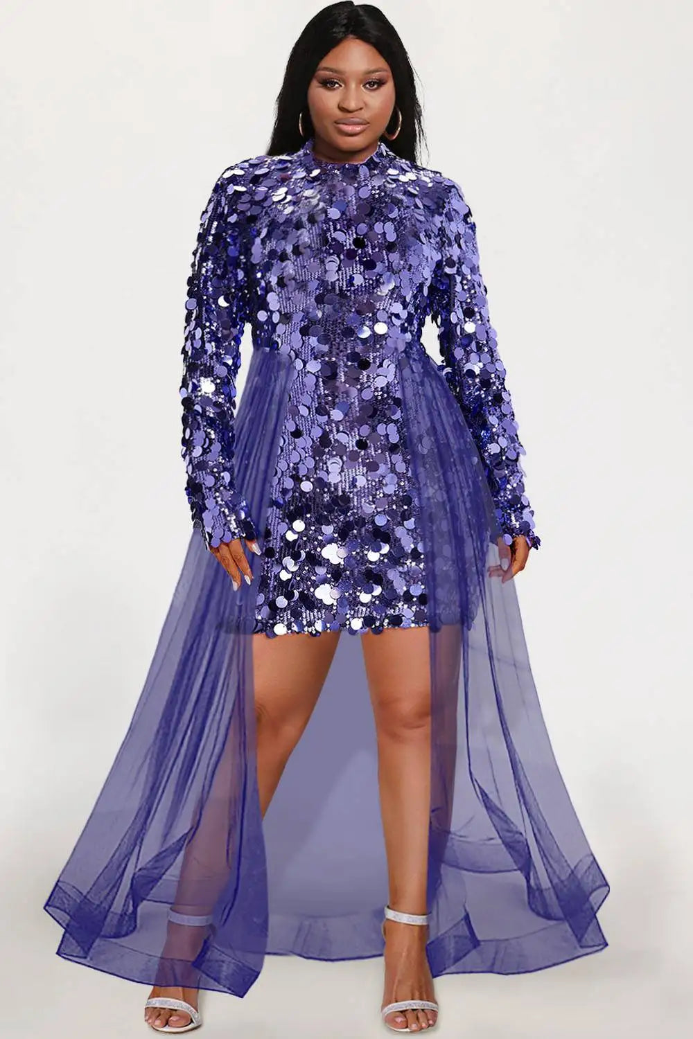 Sequin Plus Size Party Dress – Women’s Long Sleeve Mesh Hem Slim Mini Clubwear