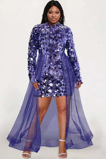 Sequin Plus Size Party Dress – Women’s Long Sleeve Mesh Hem Slim Mini Clubwear