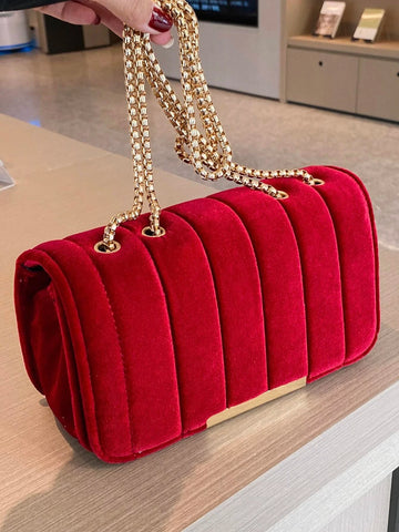 Neon Red Square Chain Bag – Velvet Leather Crossbody & Shoulder Purse for Women