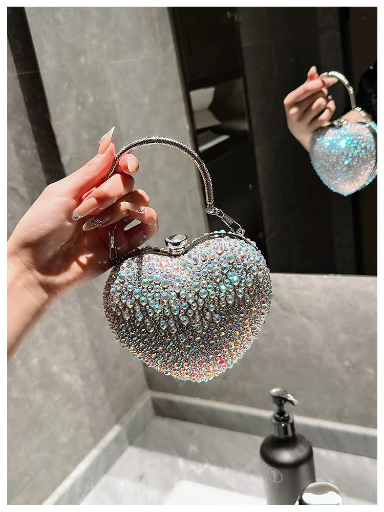 2024 Luxury Diamond Inlay Heart Shape Crystal Clutch Purse Stones Evening Wedding Party Shoulder Bag Rhinestone Clutches Bags - Blingy Bag LLC