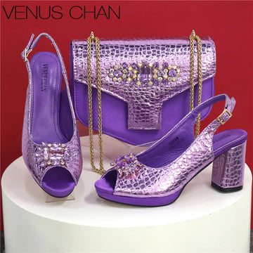2025 Women’s Open-Toe Purple Heels & Bag Set – Rhinestone Party Shoes, Plus Size Fashion Set