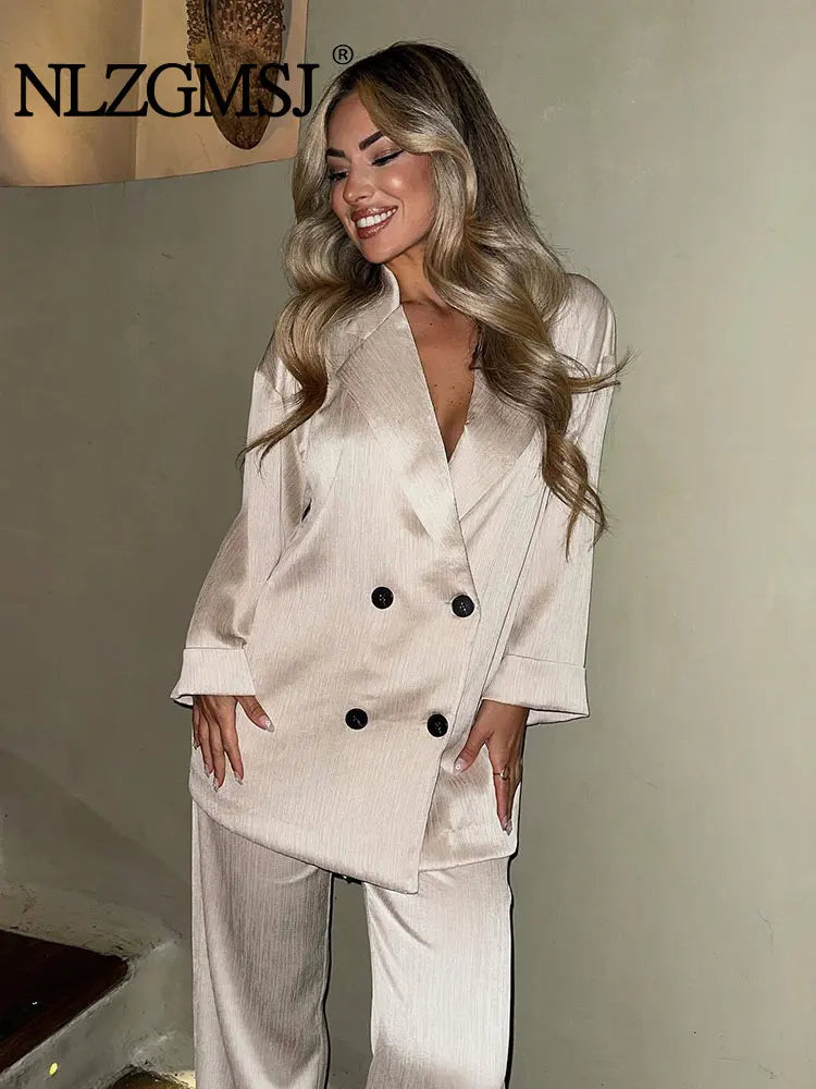 Autumn Women's Casual Blazer Coat And Wide Leg Trousers Set Double Breasted Lady Office Outfit Long Sleeve Polyester Blend